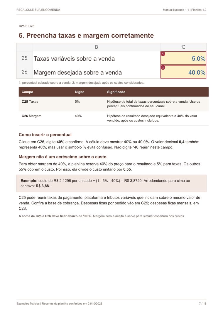 Página do manual ilustrado explicando taxas e margem